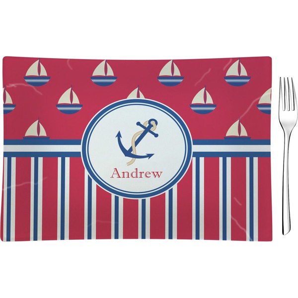 Custom Sail Boats & Stripes Rectangular Glass Appetizer / Dessert Plate - Single or Set (Personalized)
