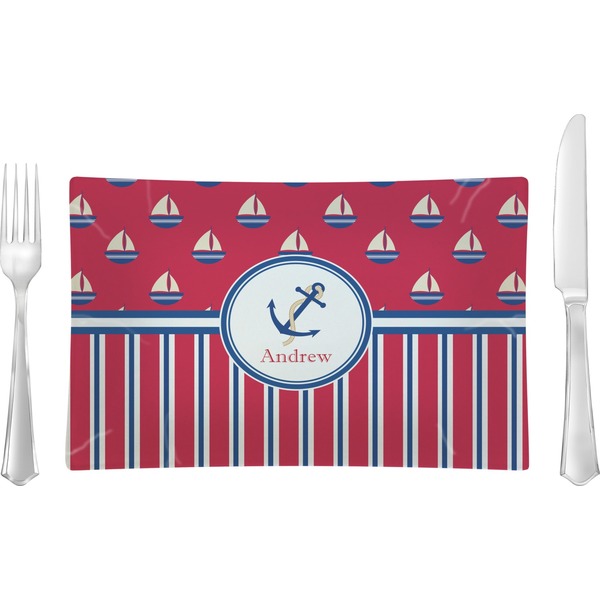 Custom Sail Boats & Stripes Rectangular Glass Lunch / Dinner Plate - Single or Set (Personalized)