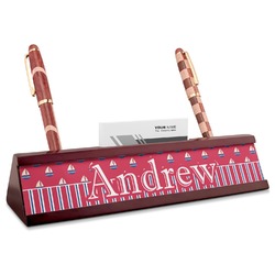 Sail Boats & Stripes Red Mahogany Nameplate with Business Card Holder (Personalized)