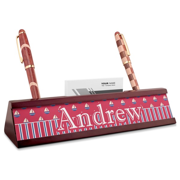 Custom Sail Boats & Stripes Red Mahogany Nameplate with Business Card Holder (Personalized)