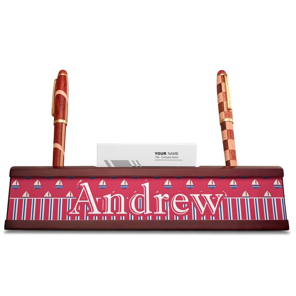 Sail Boats & Stripes Red Mahogany Nameplates with Business Card Holder - Straight