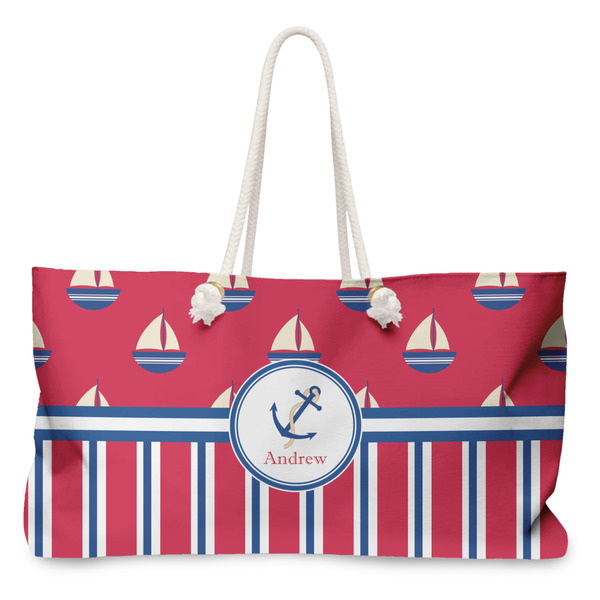 Custom Sail Boats & Stripes Large Tote Bag with Rope Handles (Personalized)