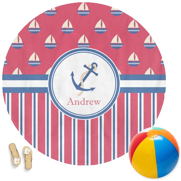 Custom Sail Boats & Stripes Round Beach Towel (Personalized)