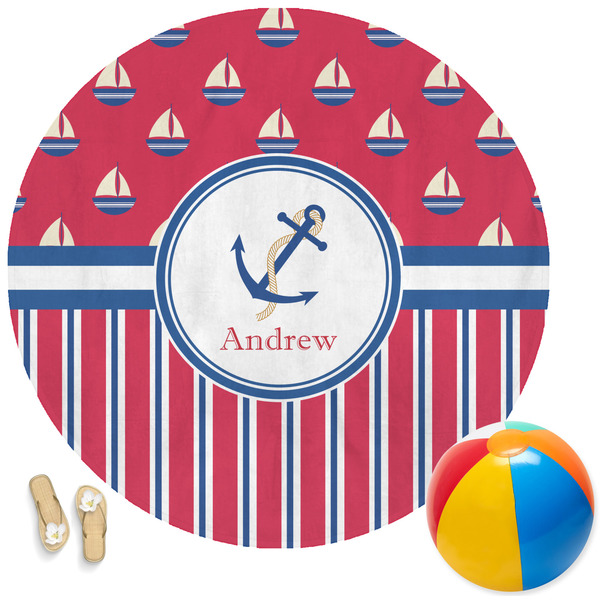 Custom Sail Boats & Stripes Round Beach Towel (Personalized)