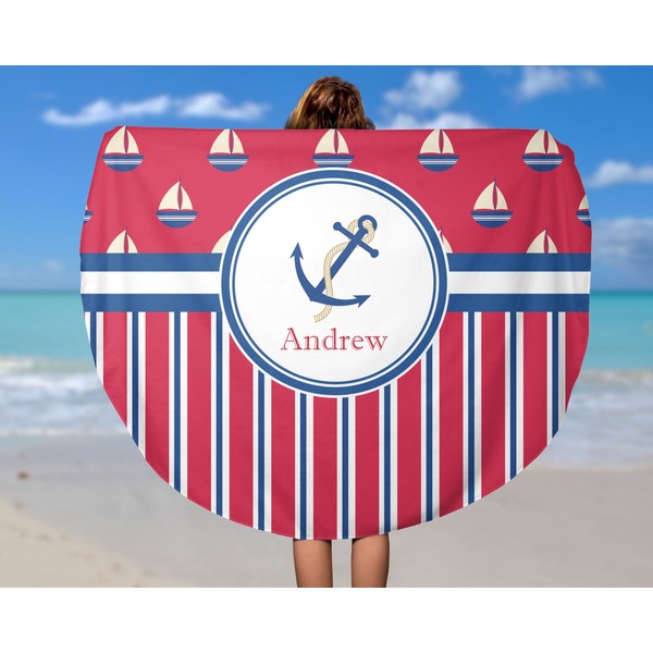Sail Boats & Stripes Round Beach Towel - In Use