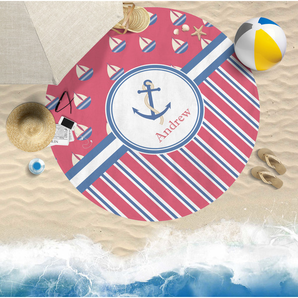 Sail Boats & Stripes Round Beach Towel Lifestyle
