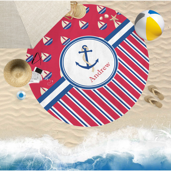 Sail Boats & Stripes Round Beach Towel Lifestyle
