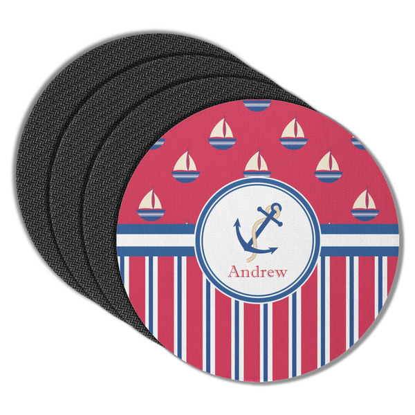 Custom Sail Boats & Stripes Round Rubber Backed Coasters - Set of 4 (Personalized)