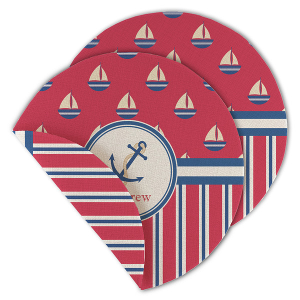 Custom Sail Boats & Stripes Round Linen Placemat - Double Sided - Set of 4 (Personalized)