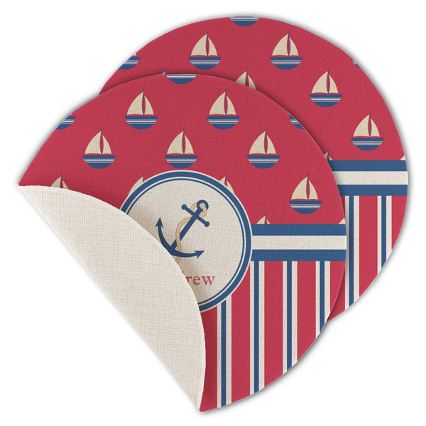 Custom Sail Boats & Stripes Round Linen Placemat - Single Sided - Set of 4 (Personalized)