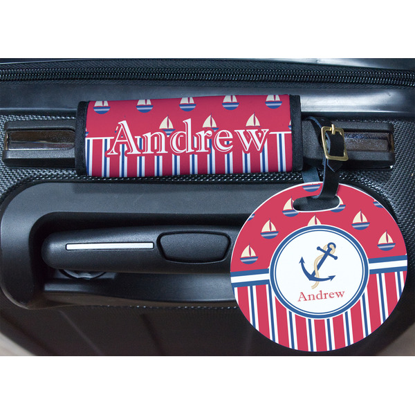 Sail Boats & Stripes Round Luggage Tag & Handle Wrap - In Context