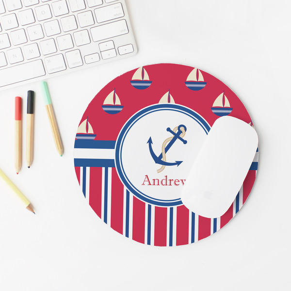 Sail Boats & Stripes Round Mousepad - LIFESTYLE 2