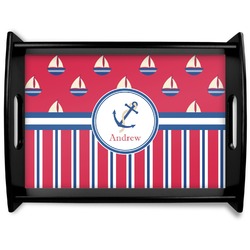 Sail Boats & Stripes Black Wooden Tray - Large (Personalized)