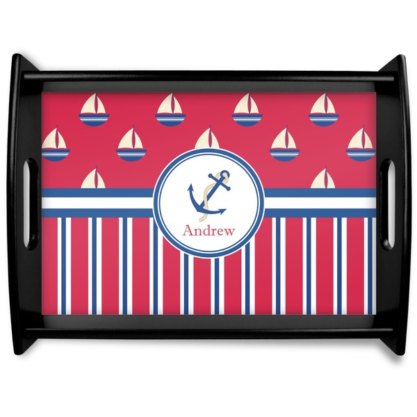 Custom Sail Boats & Stripes Black Wooden Tray - Large (Personalized)