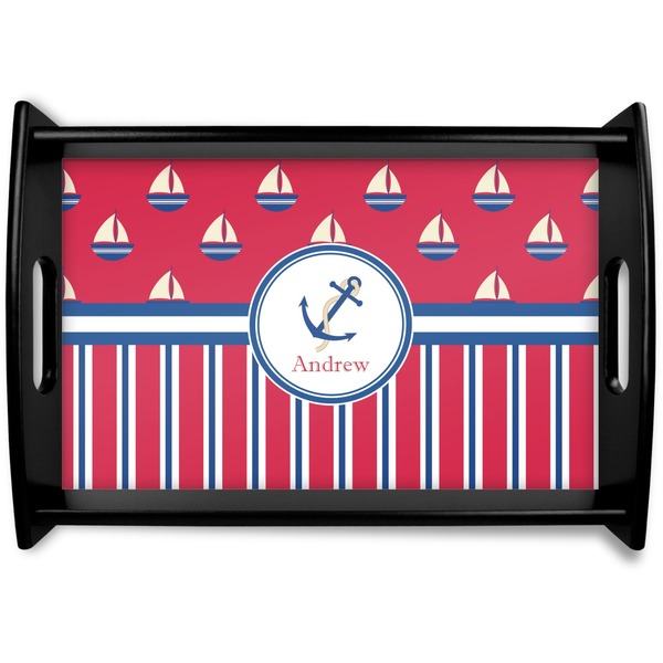 Custom Sail Boats & Stripes Black Wooden Tray - Small (Personalized)