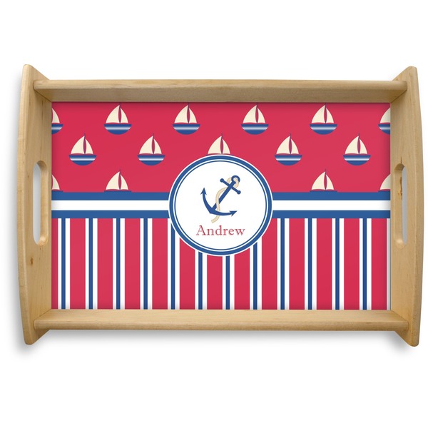 Custom Sail Boats & Stripes Natural Wooden Tray - Small (Personalized)