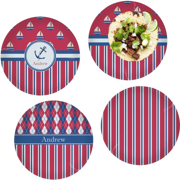 Custom Sail Boats & Stripes Set of 4 Glass Lunch / Dinner Plate 10" (Personalized)