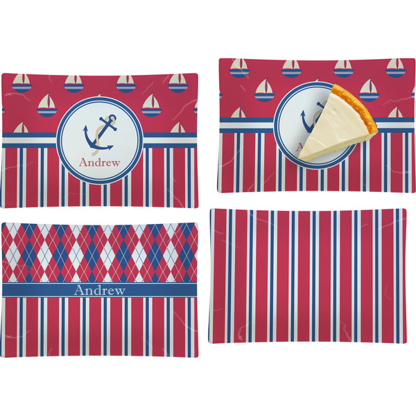 Custom Sail Boats & Stripes Set of 4 Glass Rectangular Appetizer / Dessert Plate (Personalized)