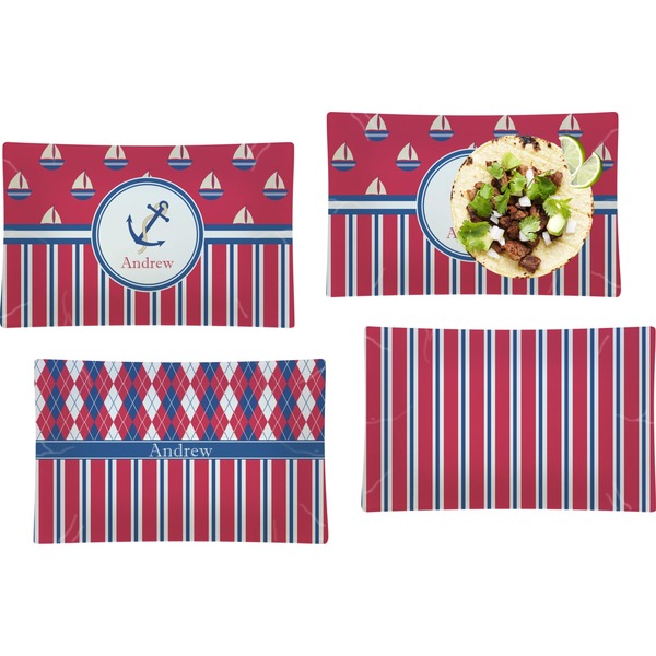 Custom Sail Boats & Stripes Set of 4 Glass Rectangular Lunch / Dinner Plate (Personalized)
