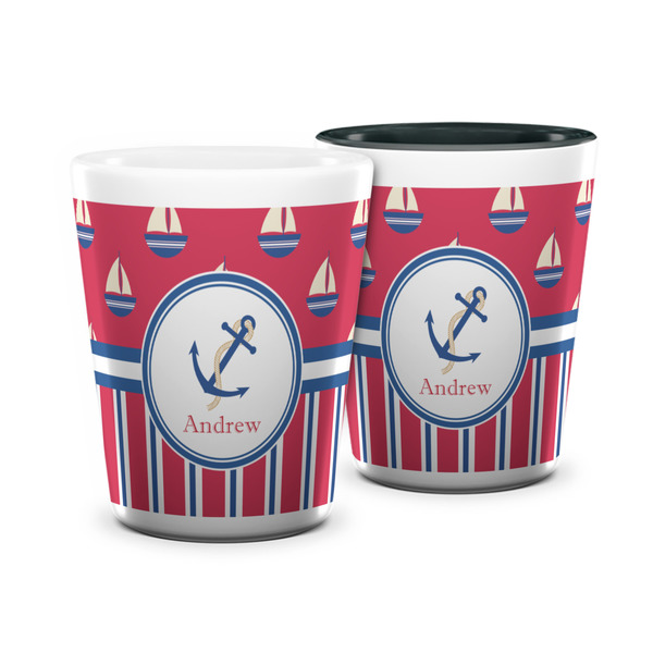 Custom Sail Boats & Stripes Ceramic Shot Glass - 1.5 oz (Personalized)