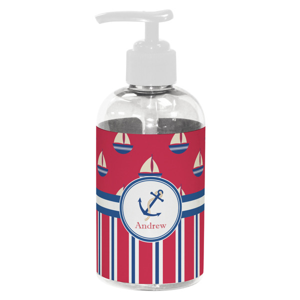 Custom Sail Boats & Stripes Plastic Soap / Lotion Dispenser (8 oz - Small - White) (Personalized)