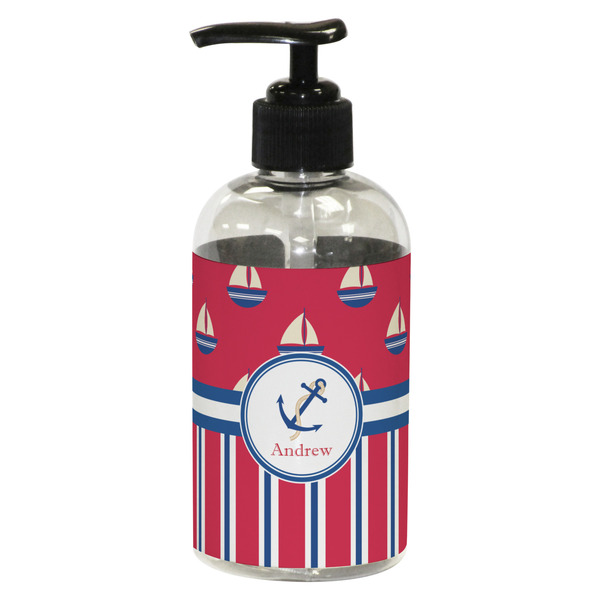 Custom Sail Boats & Stripes Plastic Soap / Lotion Dispenser (8 oz - Small - Black) (Personalized)