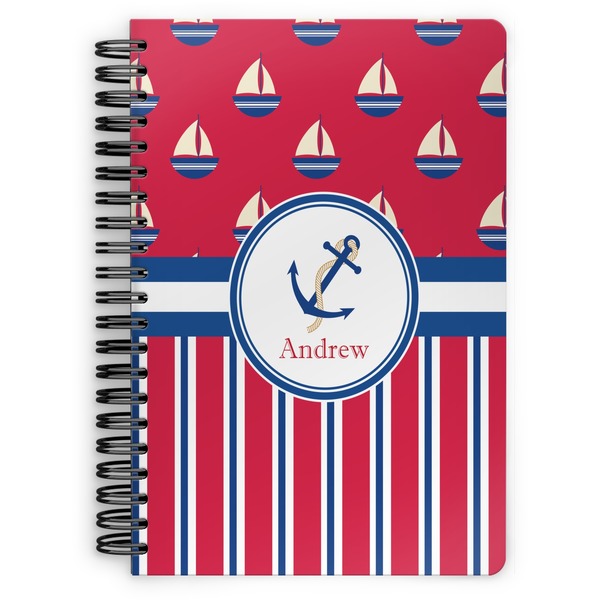 Custom Sail Boats & Stripes Spiral Notebook - 7x10 w/ Name or Text