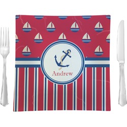 Sail Boats & Stripes 9.5" Glass Square Lunch / Dinner Plate- Single or Set of 4 (Personalized)