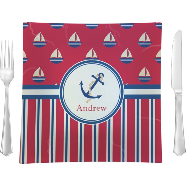 Custom Sail Boats & Stripes 9.5" Glass Square Lunch / Dinner Plate- Single or Set of 4 (Personalized)