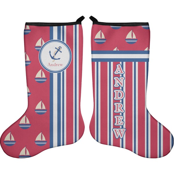 Custom Sail Boats & Stripes Holiday Stocking - Double-Sided - Neoprene (Personalized)