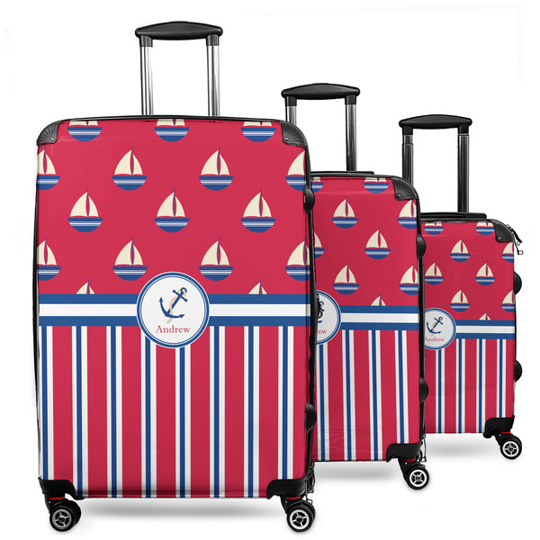 Custom Sail Boats & Stripes 3 Piece Luggage Set - 20" Carry On, 24" Medium Checked, 28" Large Checked (Personalized)