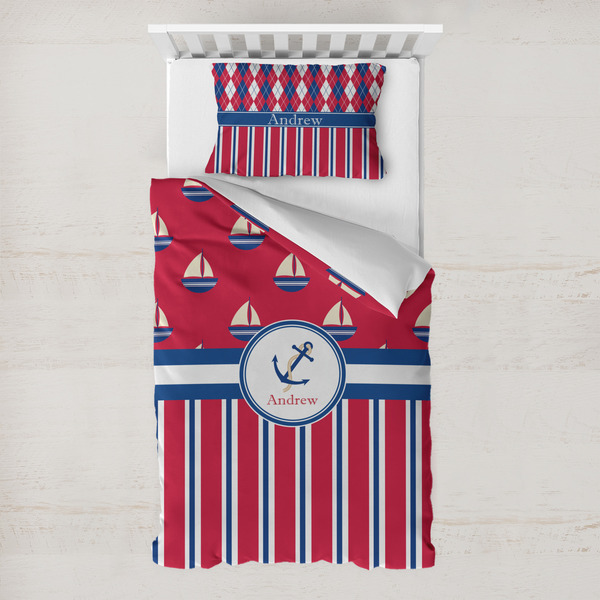 Custom Sail Boats & Stripes Toddler Bedding Set - With Pillowcase (Personalized)