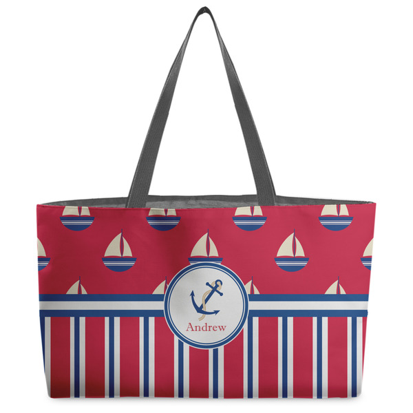 Custom Sail Boats & Stripes Beach Totes Bag - w/ Black Handles (Personalized)