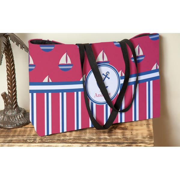 Sail Boats & Stripes Tote w/Black Handles - Lifestyle View