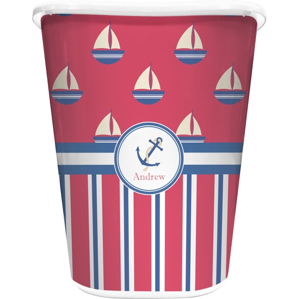 Custom Sail Boats & Stripes Waste Basket - Double Sided (White) (Personalized)