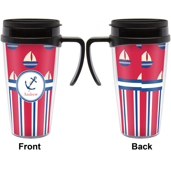 Sail Boats & Stripes Travel Mug with Black Handle - Approval