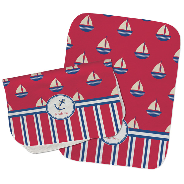 Custom Sail Boats & Stripes Burp Cloths - Fleece - Set of 2 w/ Name or Text