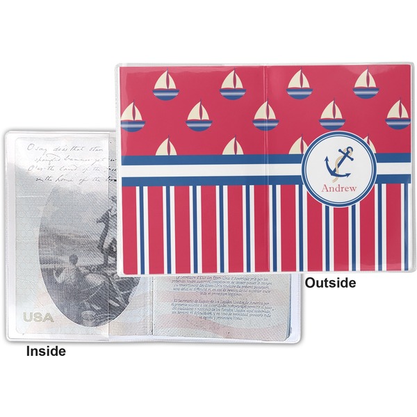 Sail Boats & Stripes Vinyl Passport Holder - Flat Front and Back