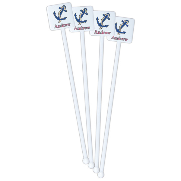 Sail Boats & Stripes White Plastic Stir Stick - Single Sided - Square - Front