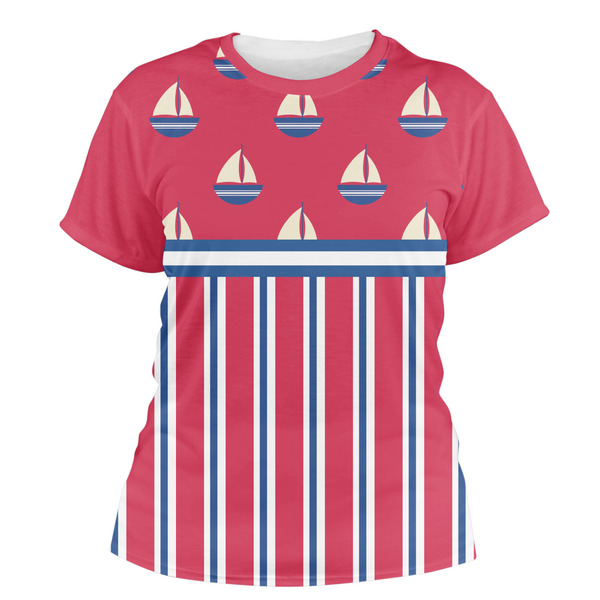 Custom Sail Boats & Stripes Women's Crew T-Shirt - X Large