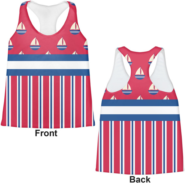 Sail Boats & Stripes Womens Racerback Tank Tops - Medium - Front and Back