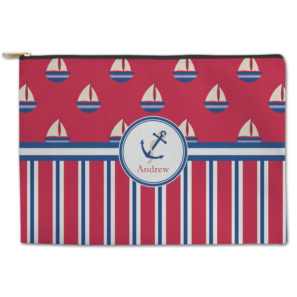 Custom Sail Boats & Stripes Zipper Pouch - Large - 12.5"x8.5" (Personalized)