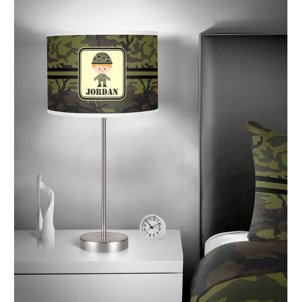 Green Camo 13 inch drum lamp shade - in room