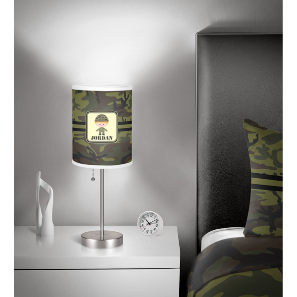 Green Camo 7 inch drum lamp shade - in room
