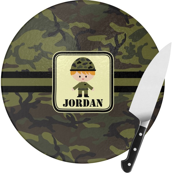 Custom Green Camo Round Glass Cutting Board - Small (Personalized)