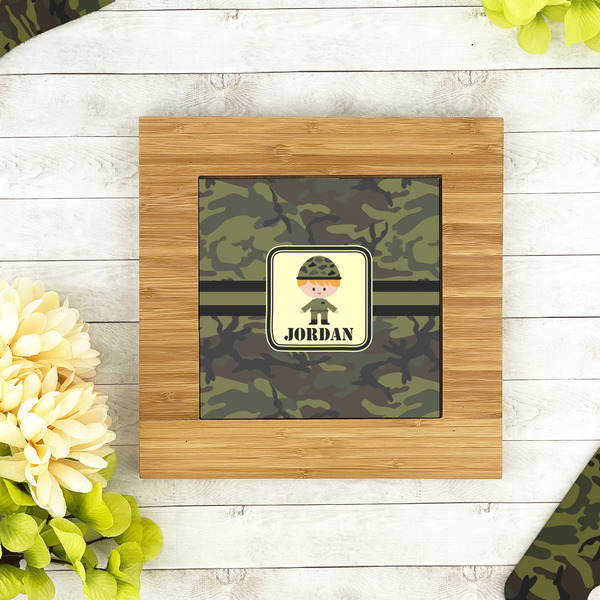 Green Camo Bamboo Trivet with 6" Tile - LIFESTYLE