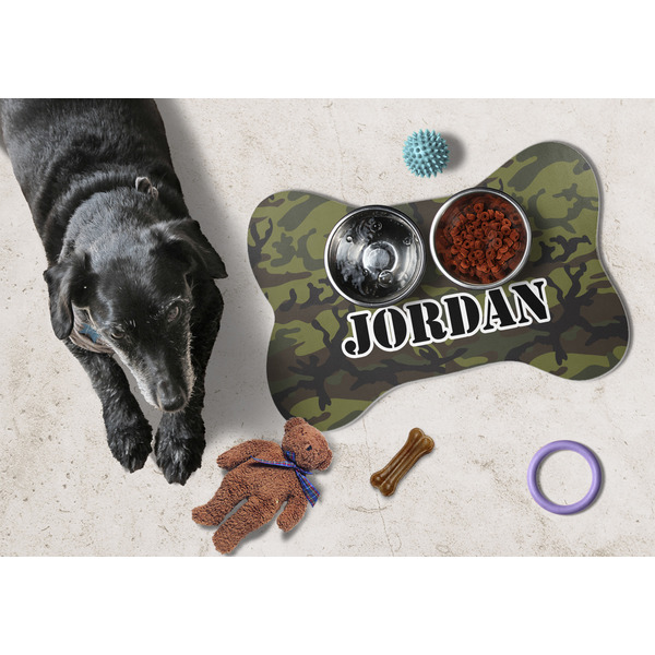 Green Camo Bone Shaped Mat w/ Food & Water