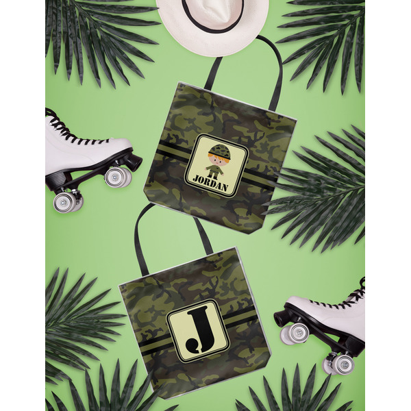 Green Camo Canvas Tote Lifestyle Front and Back- 13x13