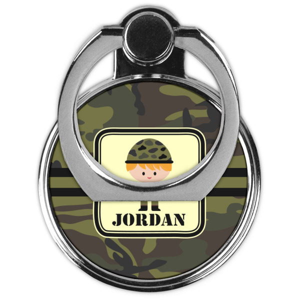 Green Camo Cell Phone Ring Stand & Holder - Front (Collapsed)