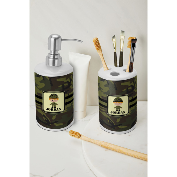 Green Camo Ceramic Bathroom Accessories - LIFESTYLE (toothbrush holder & soap dispenser)
